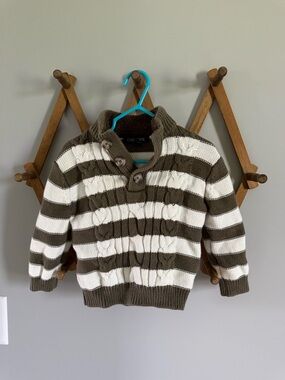 Cherokee Olive Green & White Striped Cable Knit Button Sweater
